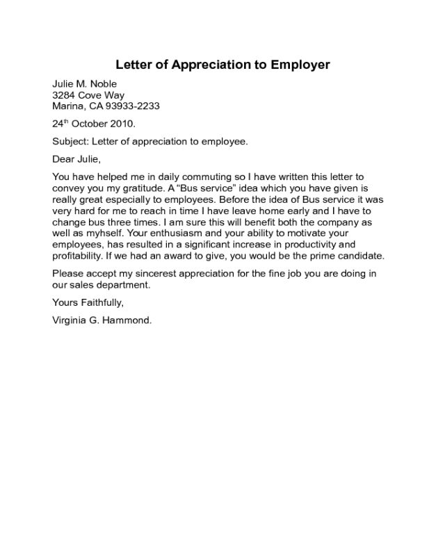 Letter of Appreciation to Employer Sample