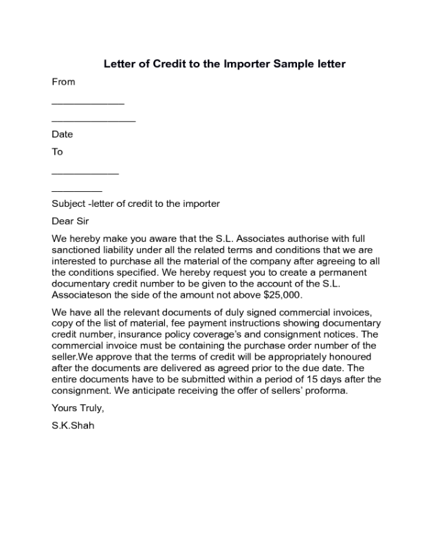 Letter of Credit to the Importer Sample
