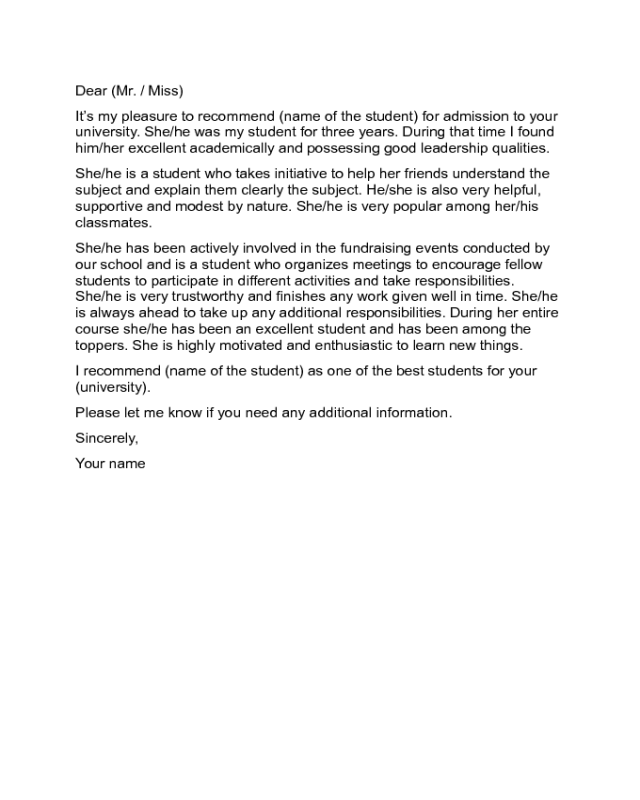 Letter of Recommendation for Student Sample