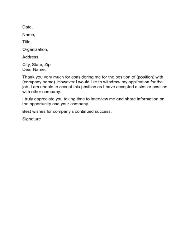Letter to Withdraw from a Job Offer Sample