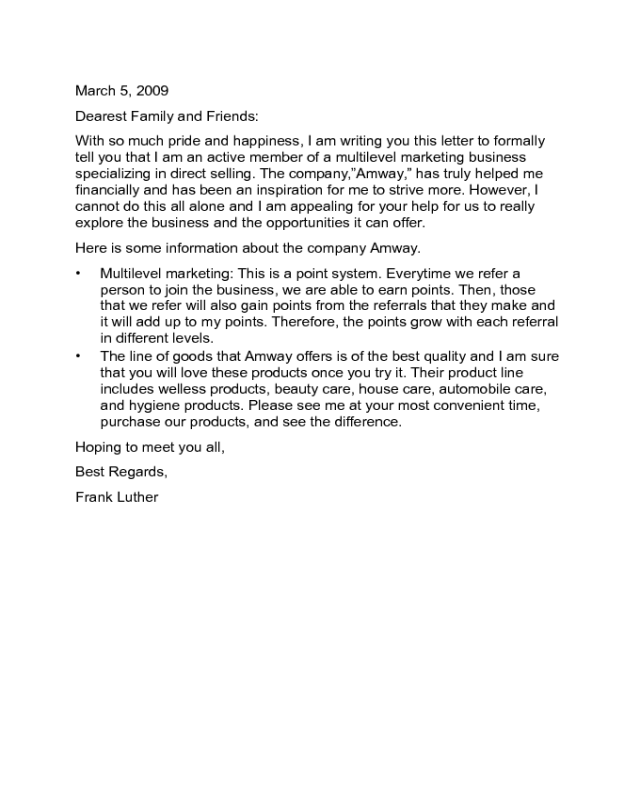 Marketing Letter to Friends and Family Sample