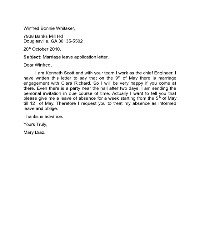 application letter for wedding leave