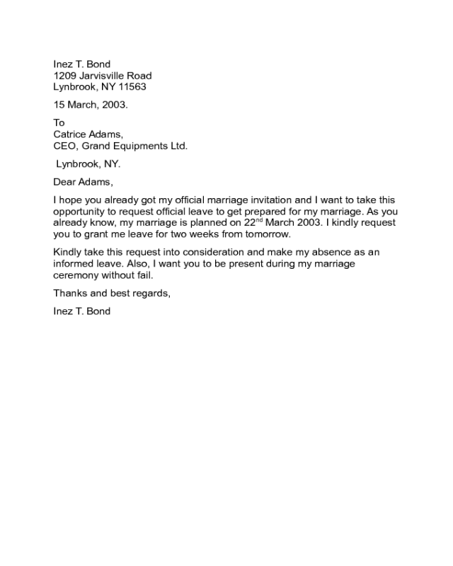 leave application letter for attending wedding