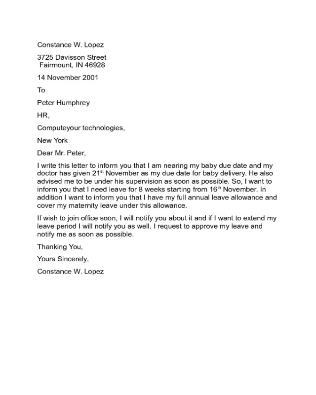 Maternity Leave Letter Sample Edit, Fill, Sign Online Handypdf