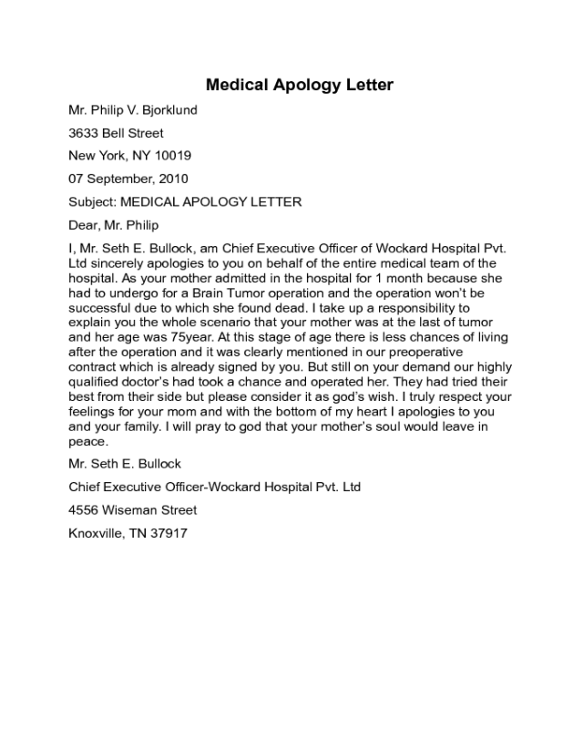 Medical Apology Letter Sample
