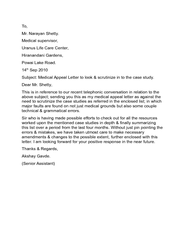 Medical Appeal Letter Sample
