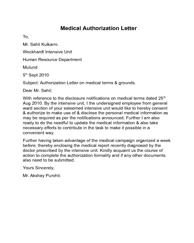 Medical Authorisation Letter Sample