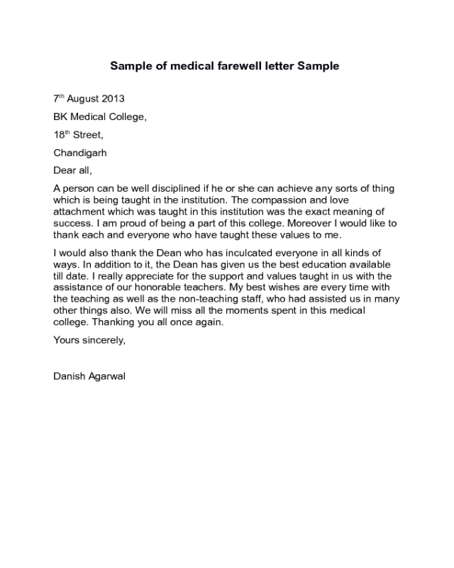 Medical Farewell Letter Sample