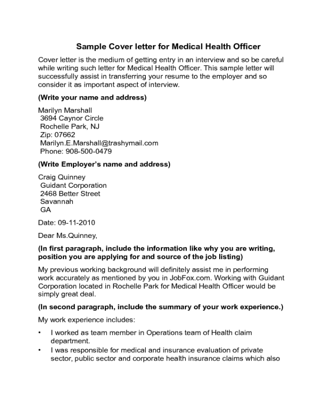 Medical Health Officer Cover Letter Sample