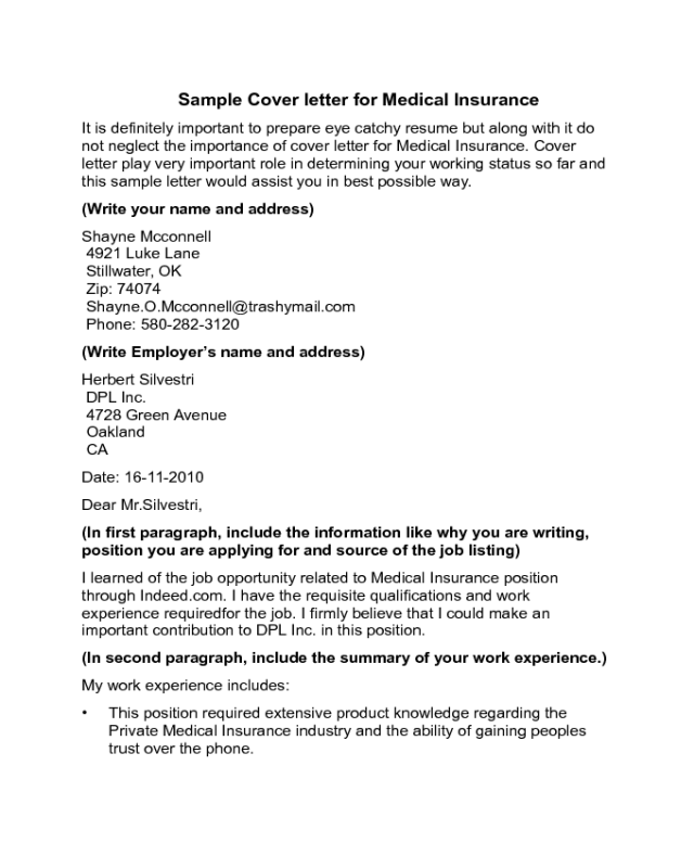 Medical Insurance Cover Letter Sample - Edit, Fill, Sign ...
