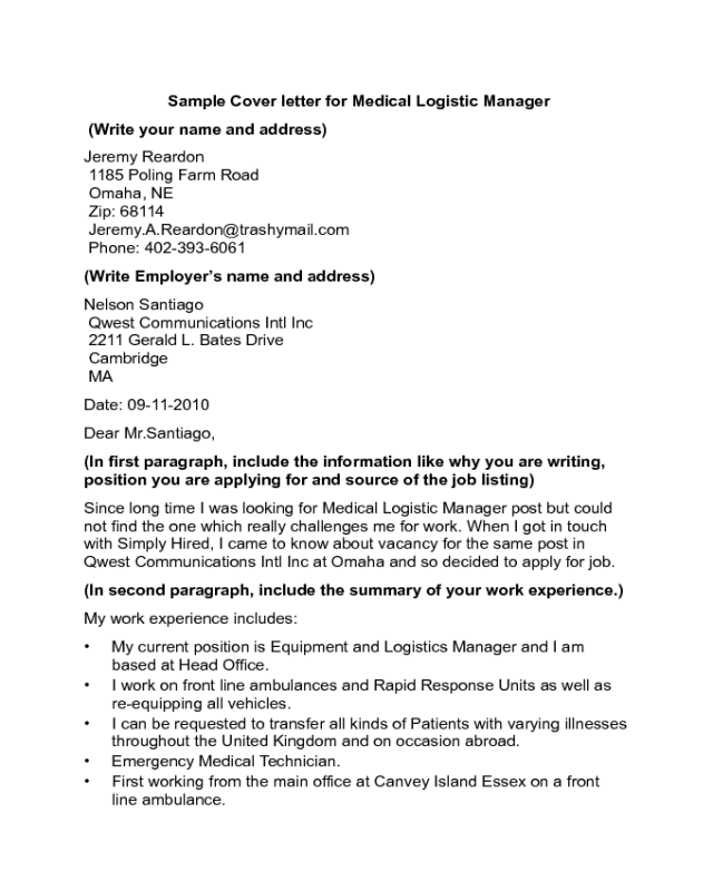 Medical Logistic Manager Cover Letter Sample