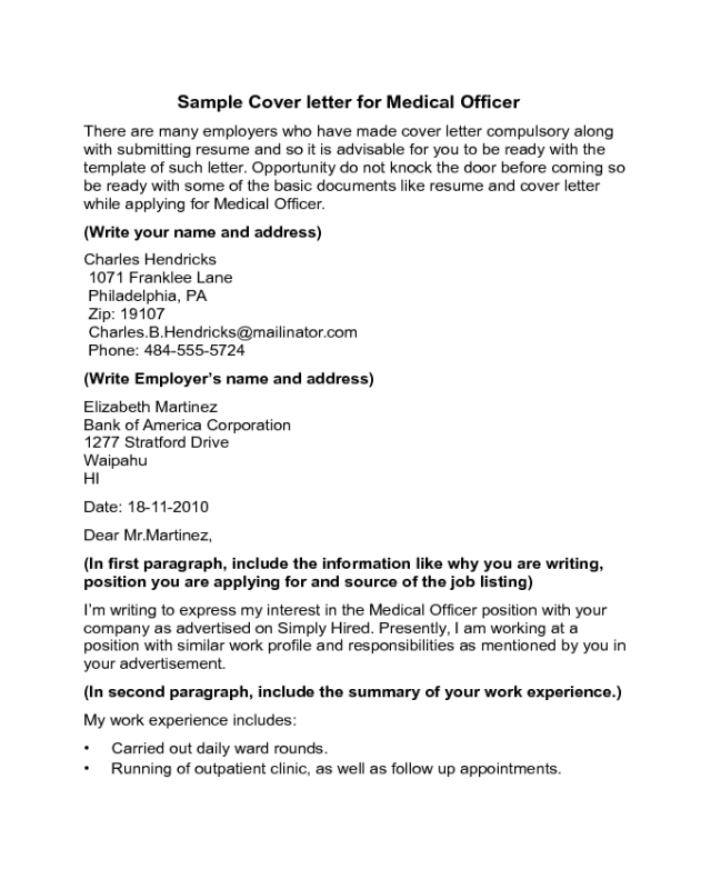 Medical Officer Cover Letter Sample