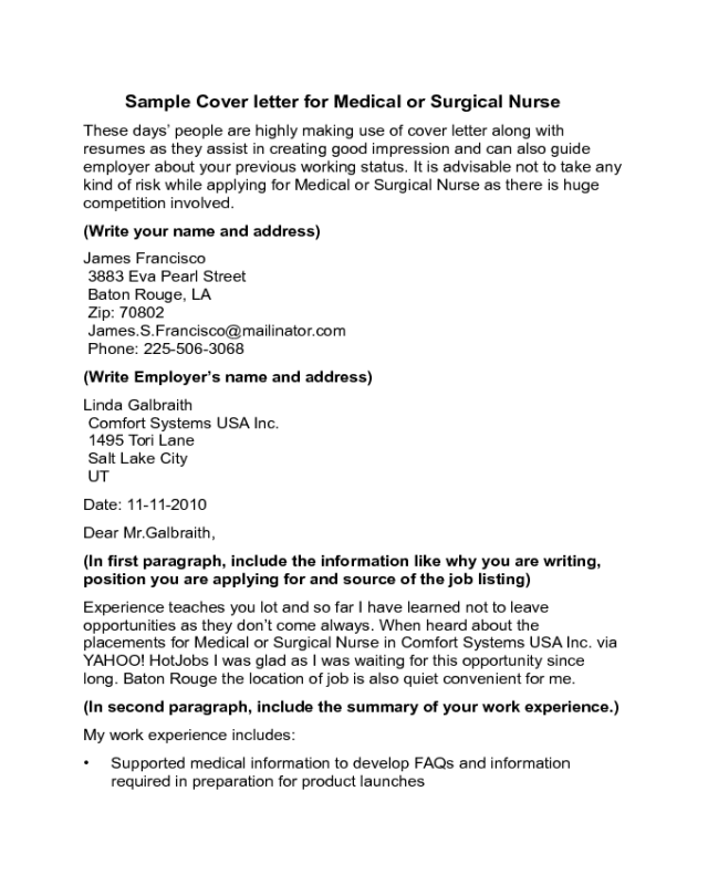 Medical or Surgical Nurse Cover Letter Sample