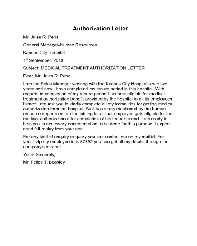 Medical Treatment Authorization Letter Sample