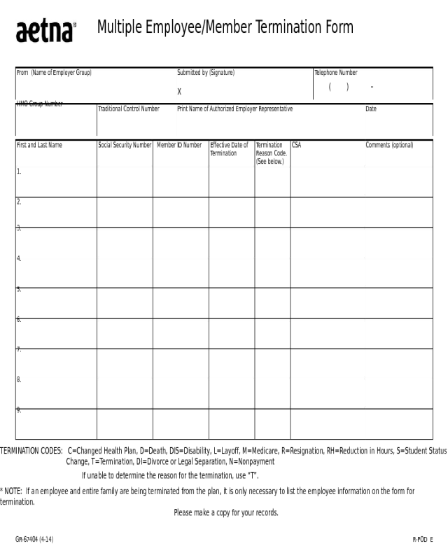 Multiple Employee/Member Termination Form