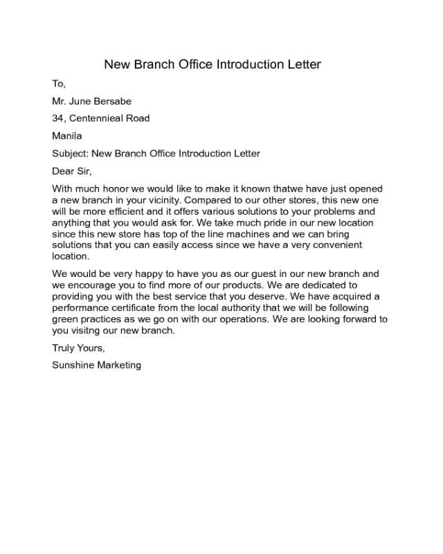 New Branch Office Introduction Letter Sample