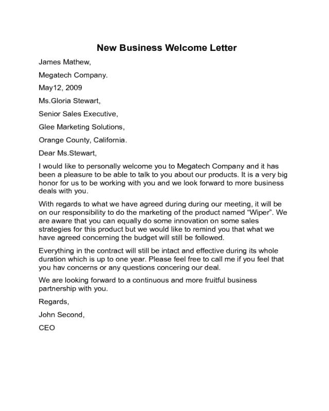 New Business Welcome Letter Sample