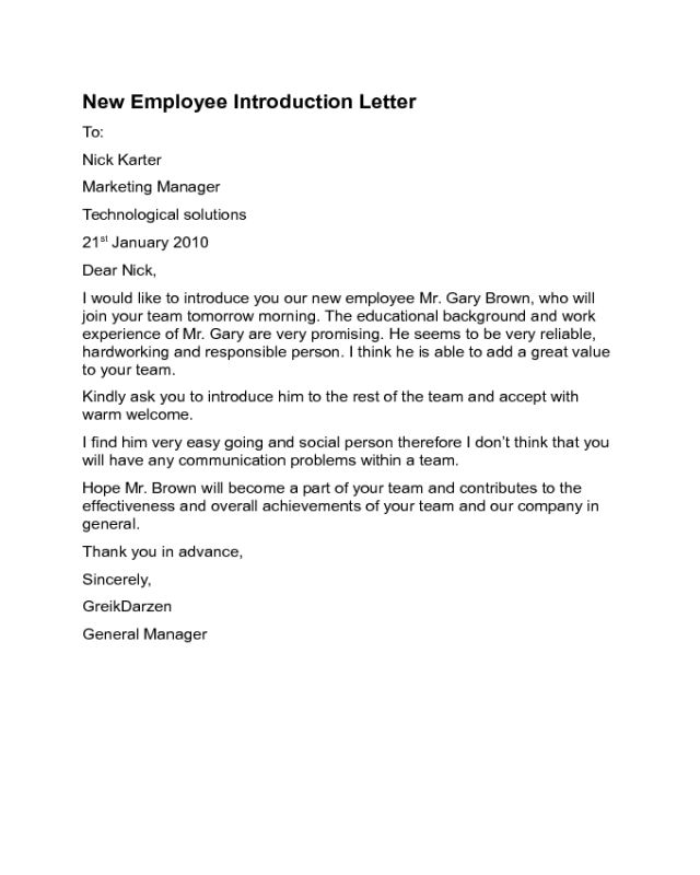 New Employee Introduction Letter Sample