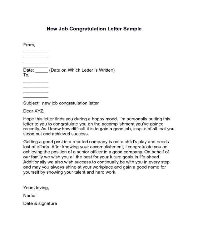 New Job Congratulation Letter Example