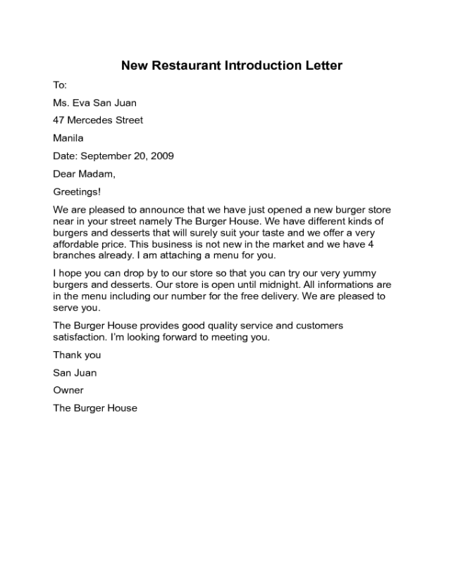 New Restaurant Introduction Letter Sample