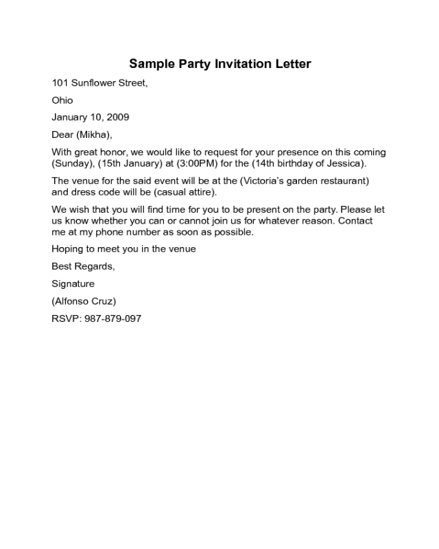 Party Invitation Letter Sample