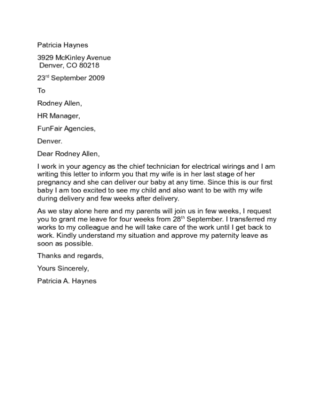 Paternity Leave Letter Sample