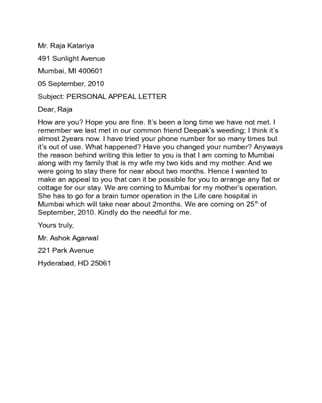 Personal Appeal Letter Sample