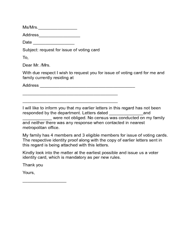 Persuasive Letter - Request For Issue Of Voting Card Sample