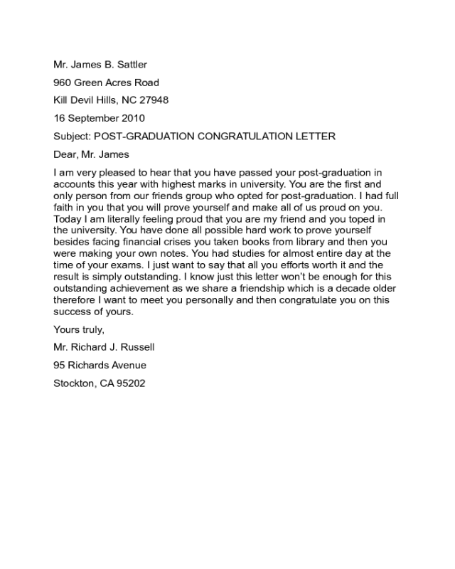 Post Graduation Congratulation Letter Sample