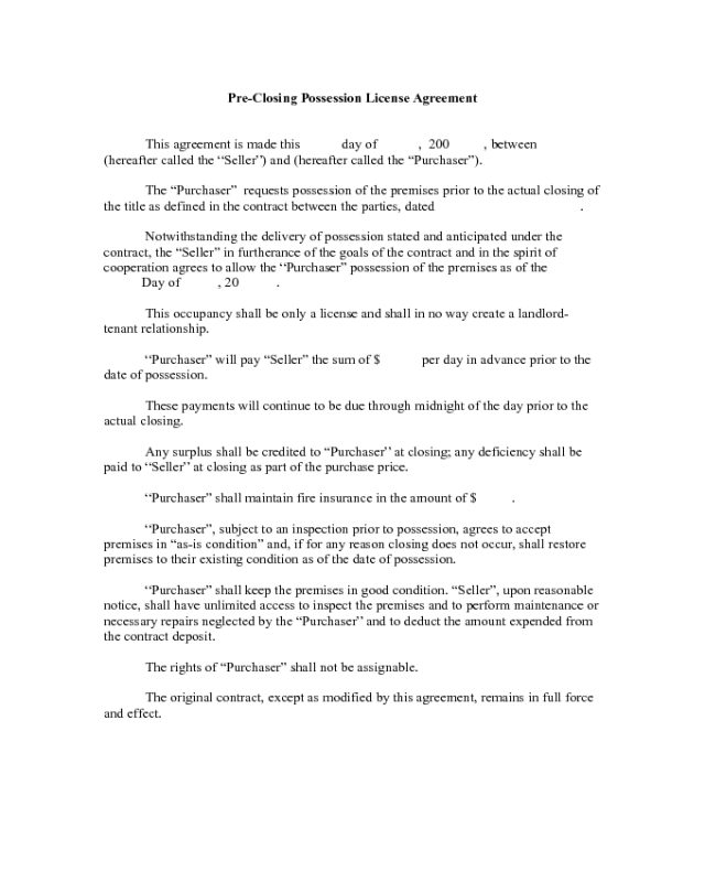 Pre-Closing Possession License Agreement Form