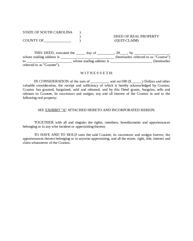 Quitclaim Deed of Real Property - South Carolina