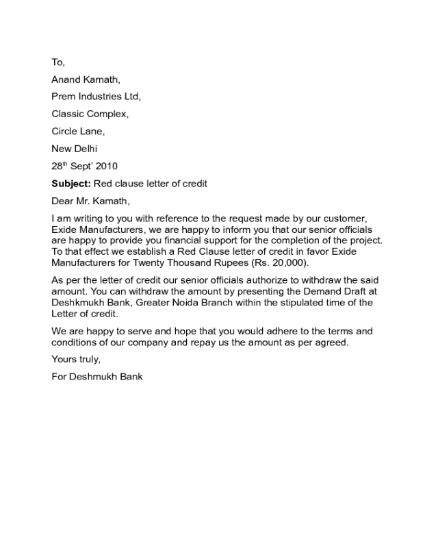 Red Clause Letter Of Credit Sample