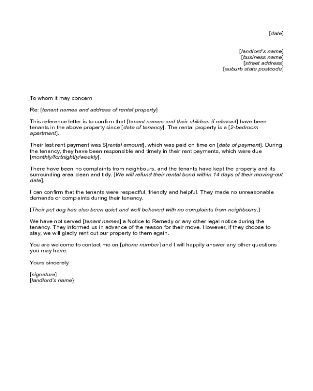Reference Letter to Tenant from Landlord