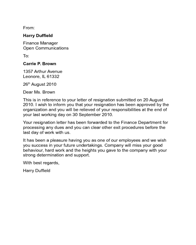 Resignation Acceptance Letter Sample