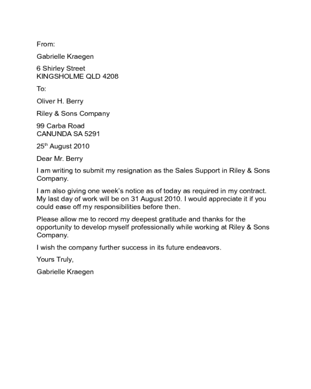 Resignation Letter One week notice Sample