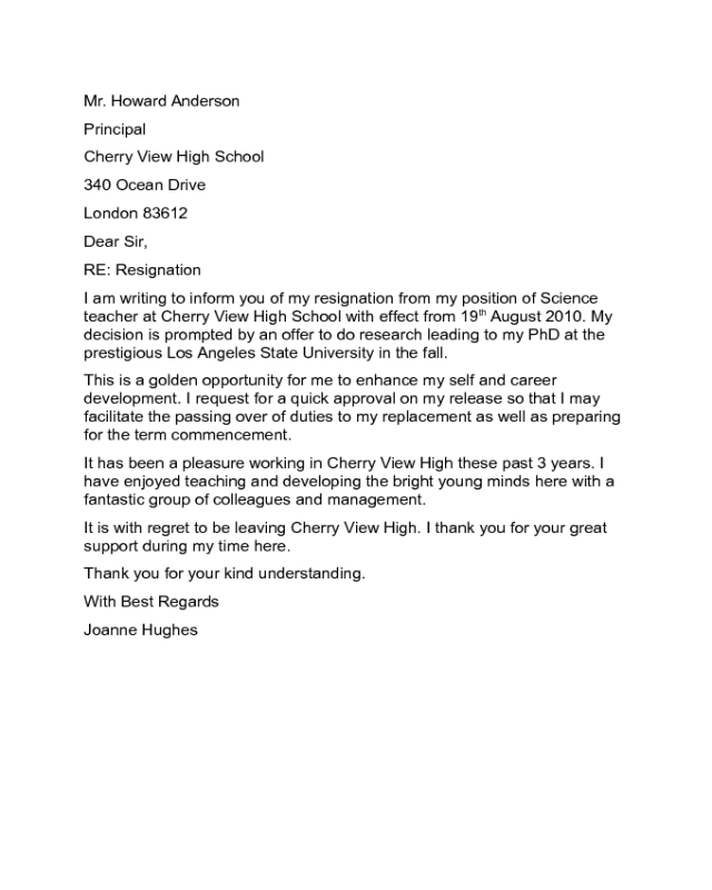 Resignation Letter to Principal Sample
