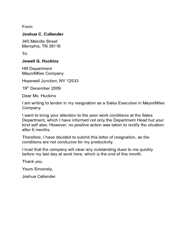 Resignation Letter with Complaint Sample