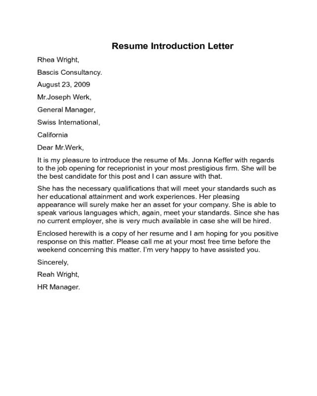 Resume Introduction Letter Sample
