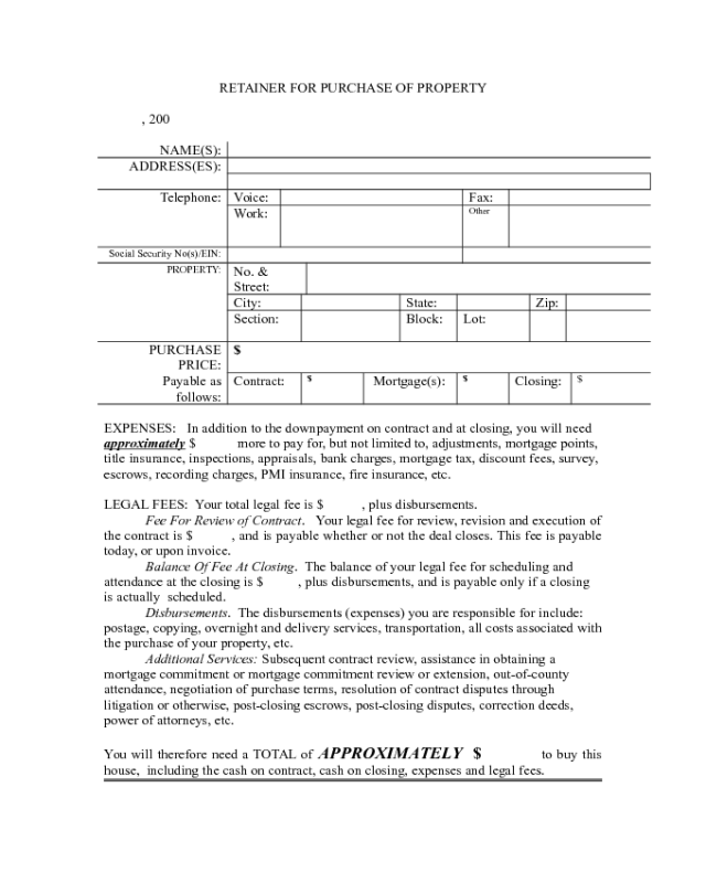 Retainer for Purchase of Property Form