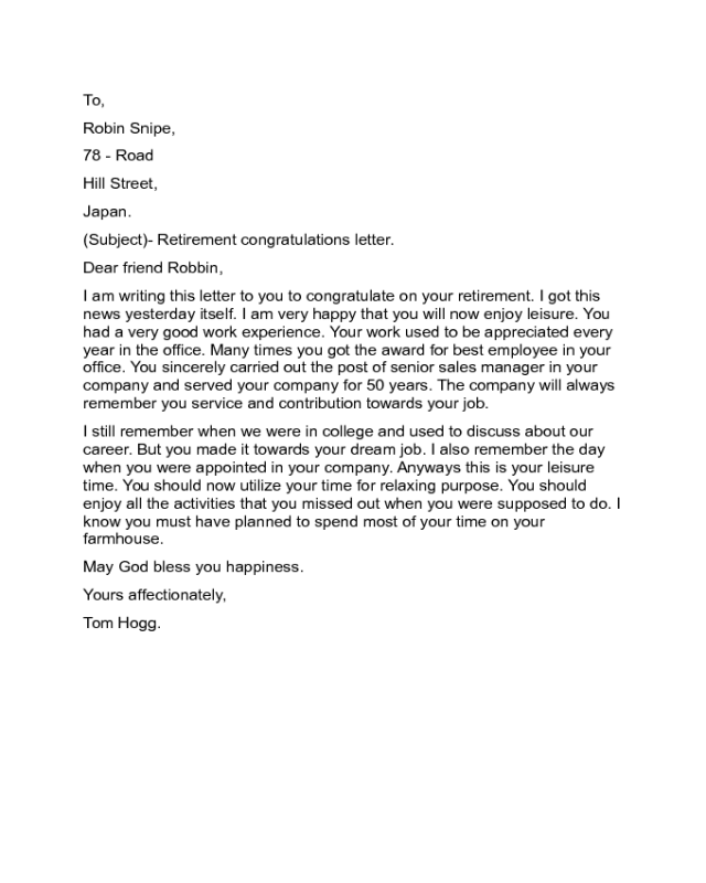Retirement Congratulations Letter Sample