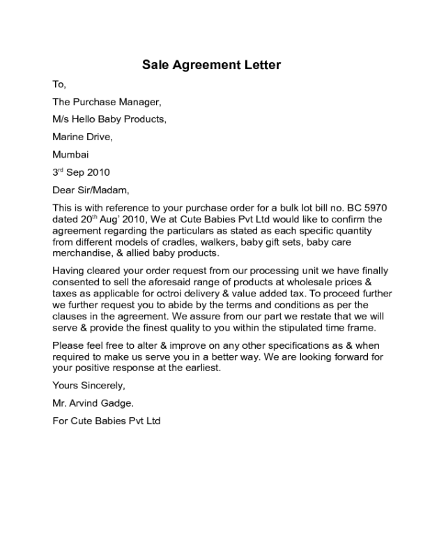Sale Agreement Letter Sample