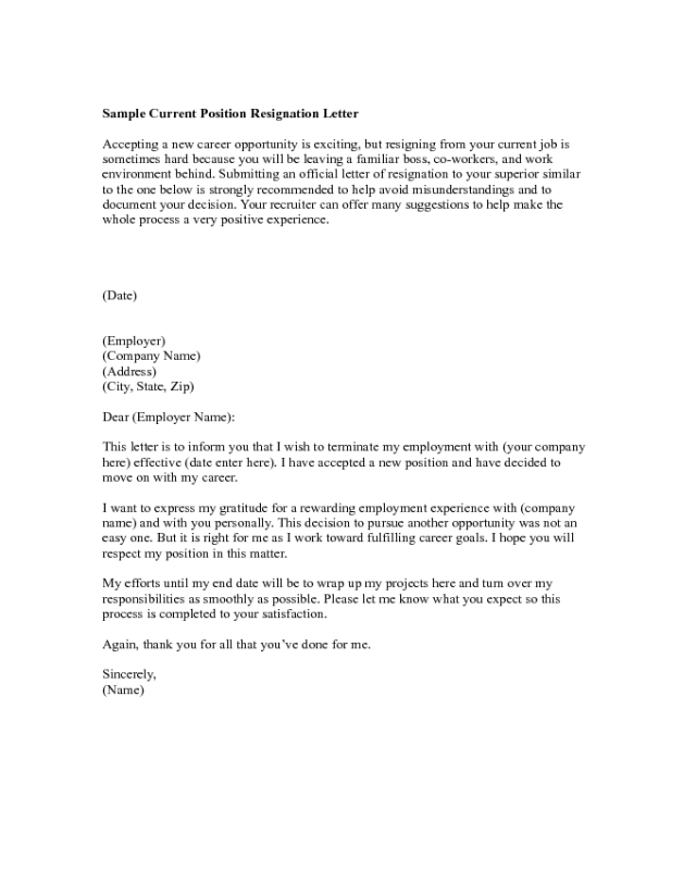 Sample Current Position Resignation Letter