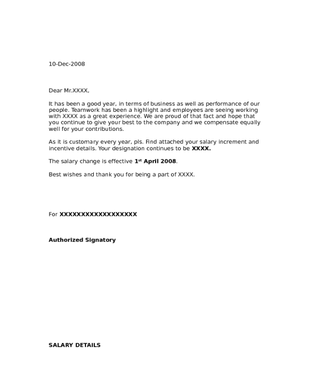 Sample Letter To Employees About Change Kasapminds   Sample Salary Increment Letter From Employer Page1 