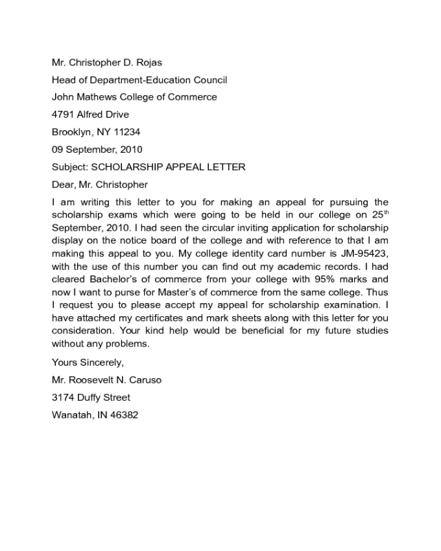 Scholarship Appeal Letter Sample