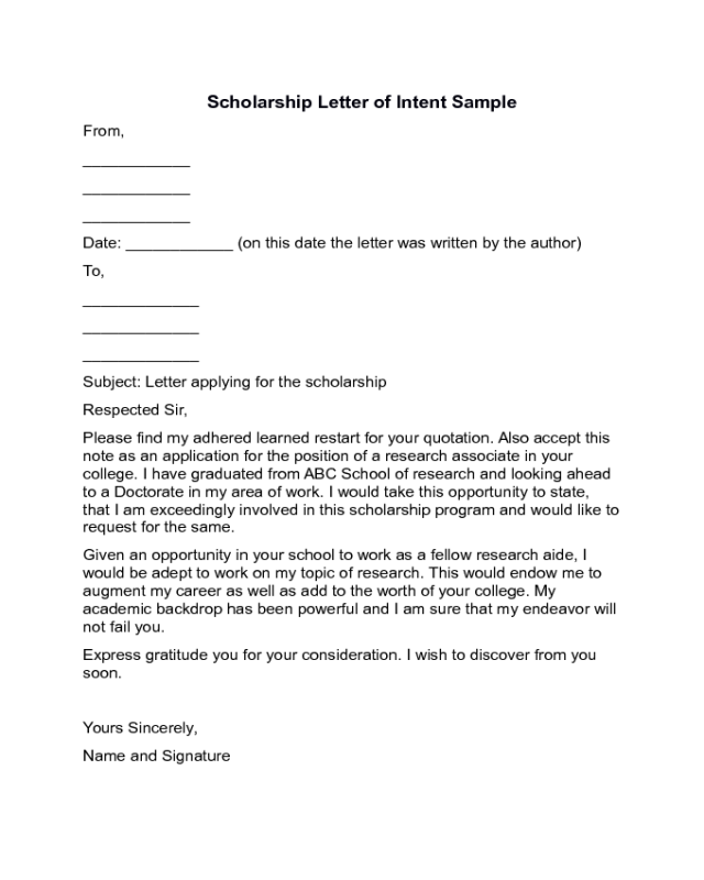 Scholarship Letter of Indent Sample