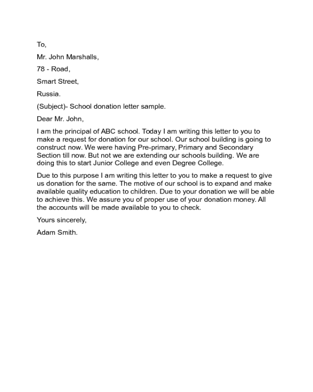 School Donation Letter Sample