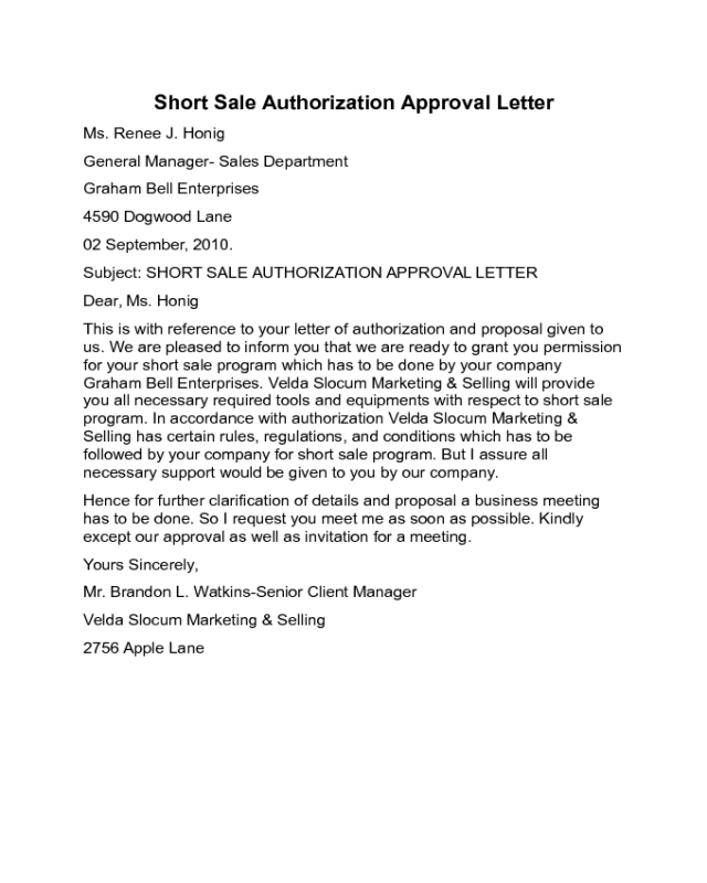 Short Sale Authorization Approval Letter Sample