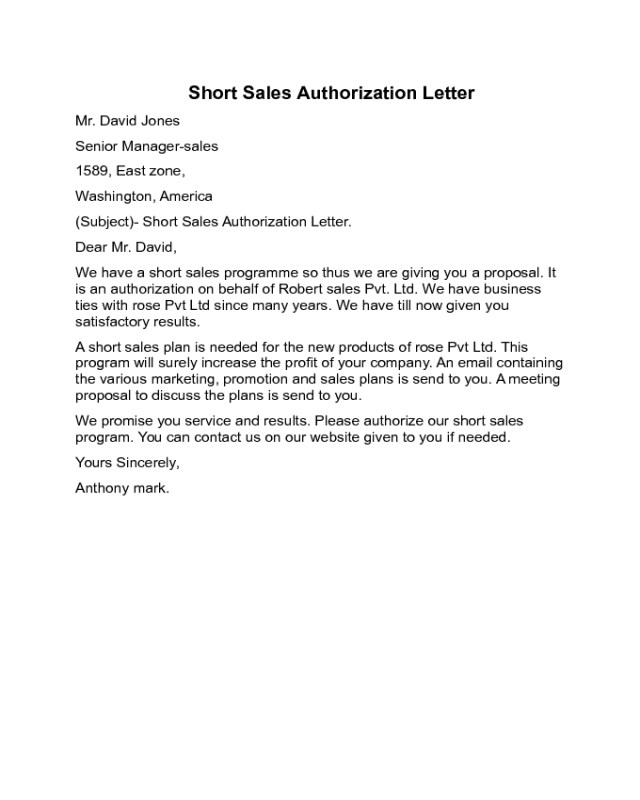 Short Sales Authorization letter Sample