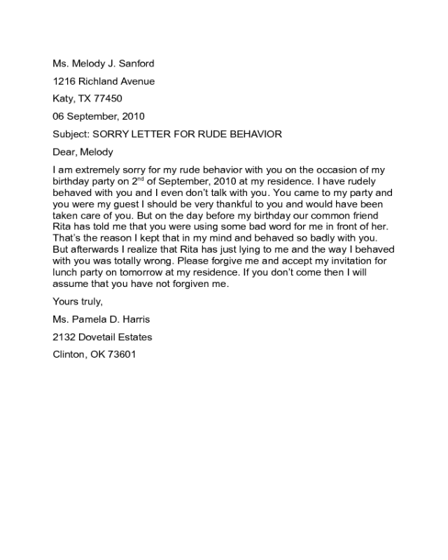 Sorry Letter For Rude Behavior Sample Edit Fill Sign Online Handypdf 