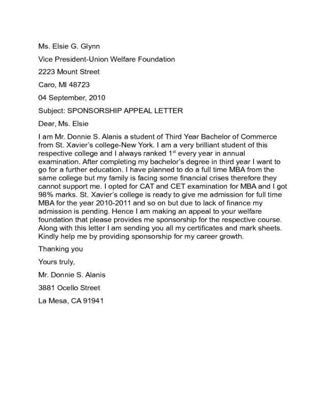 Sponsorship Appeal Letter Sample